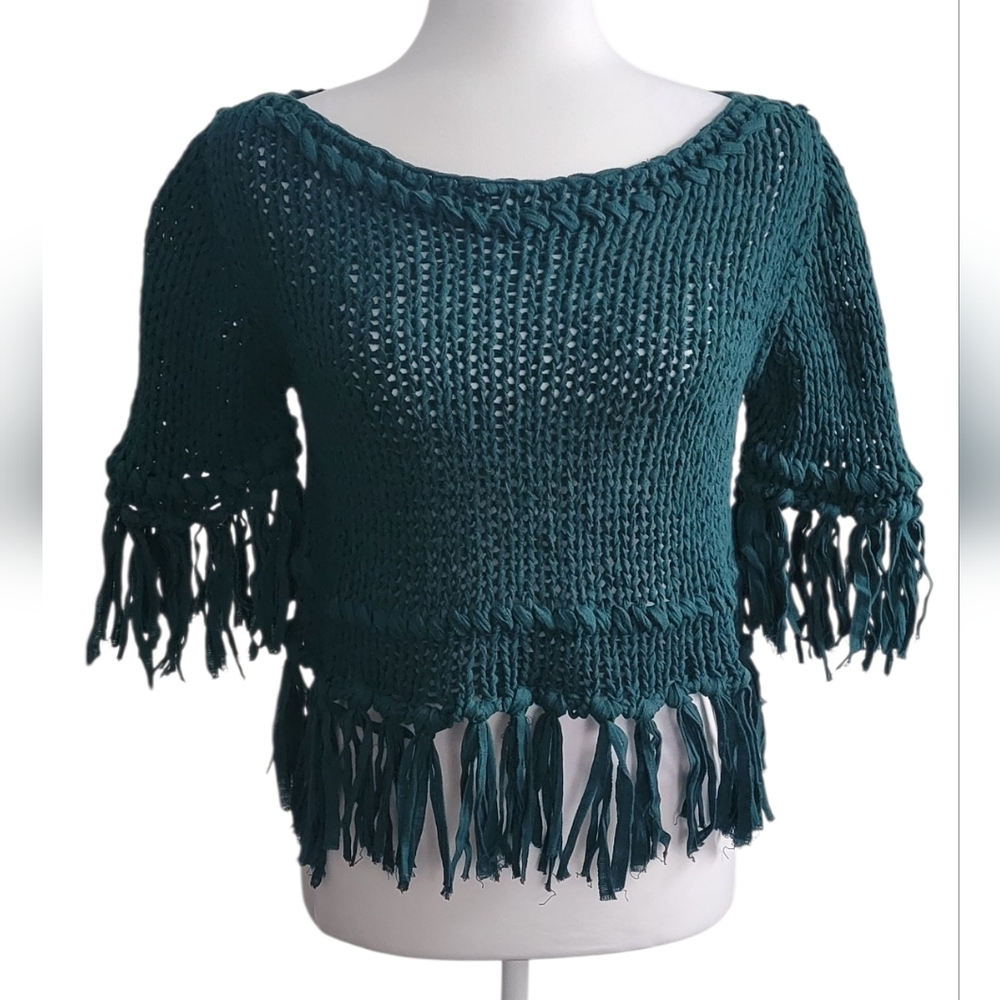 Free People Teal On The Fringe Crop Top Knit Sweater, Boho, Cottagecore, Size XS - Picture 3 of 9